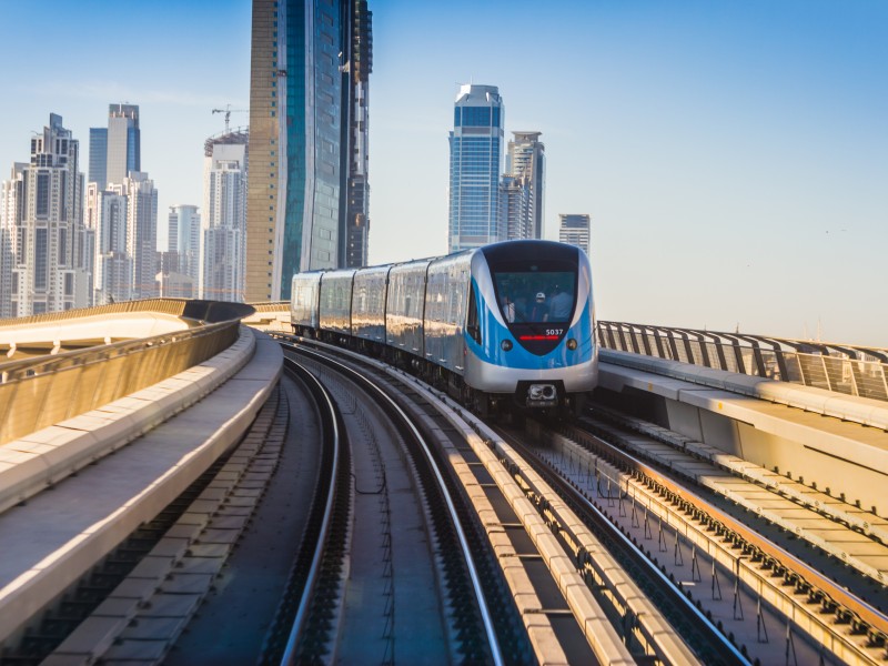 DUBAI UAE - NOVEMBER 18: Dubai Metro. A view of the city from the subway car nov 18. 2012. Dubai Metro as world's longest fully automated metro network (75 km) on November 18 2012 Dubai UAE.